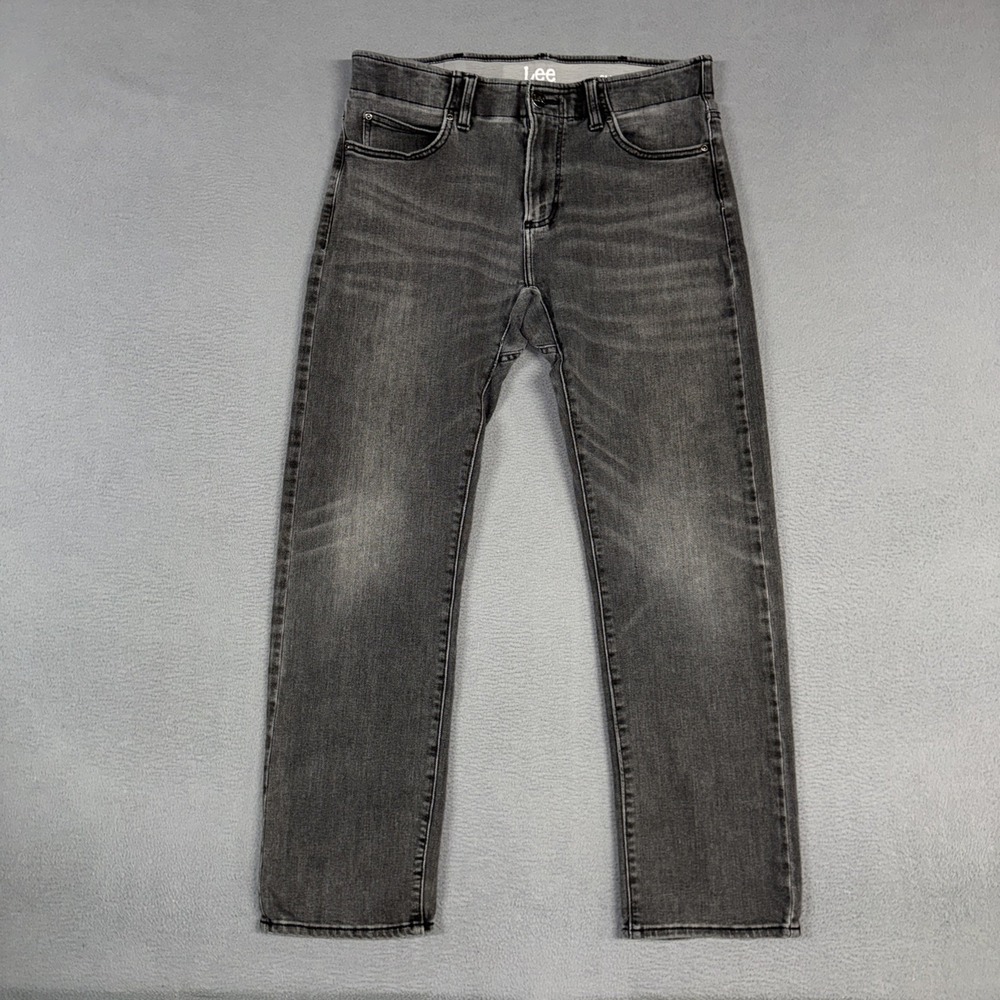 Lee Jeans Mens 34x32 (Fits 34x30) Gray Slim Straight Distressed Denim Cotton